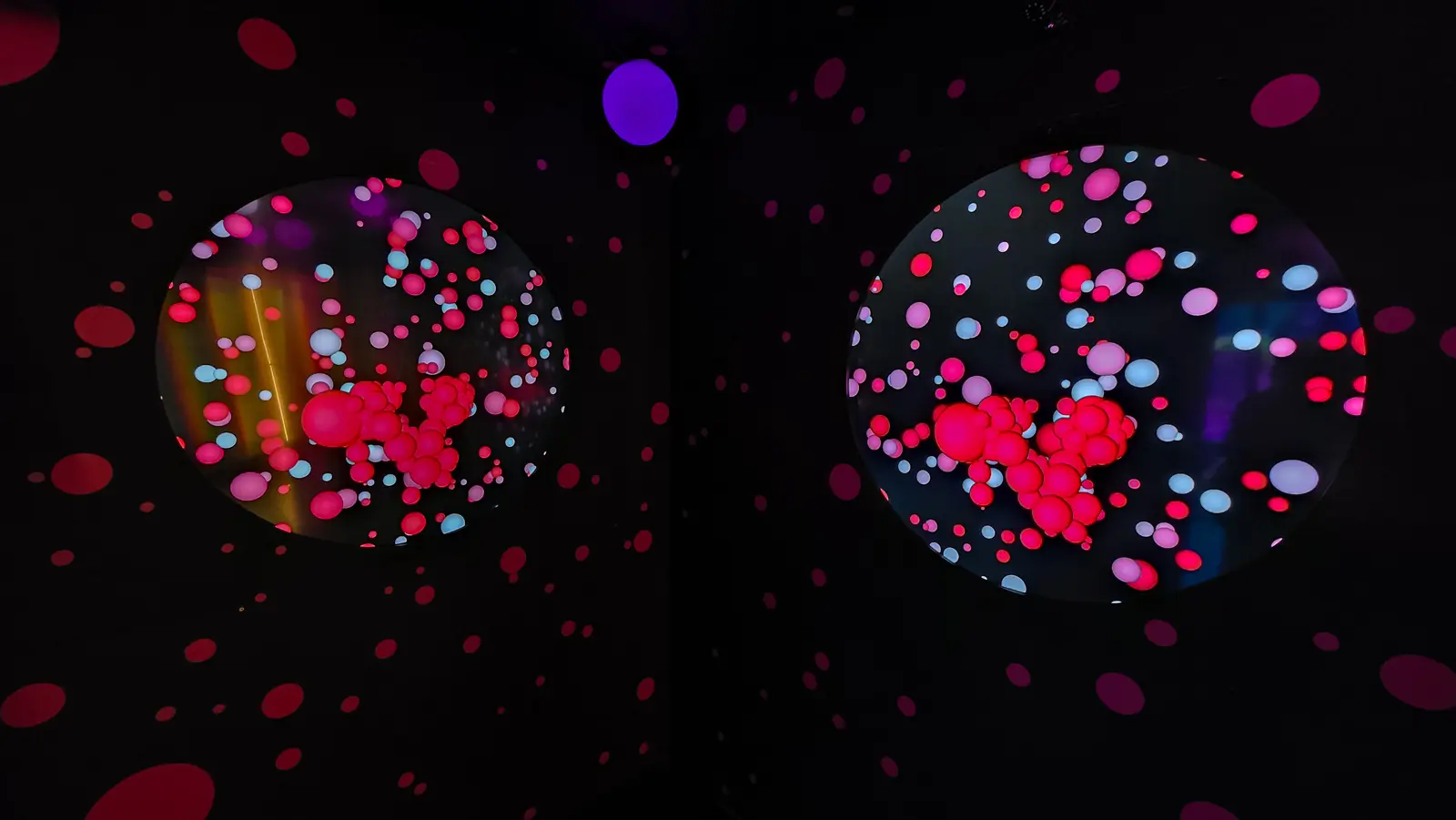 We All Live in Bubbles at Moco Museum Amsterdam, two circular screens of pink and white spheres in a dark dotted room