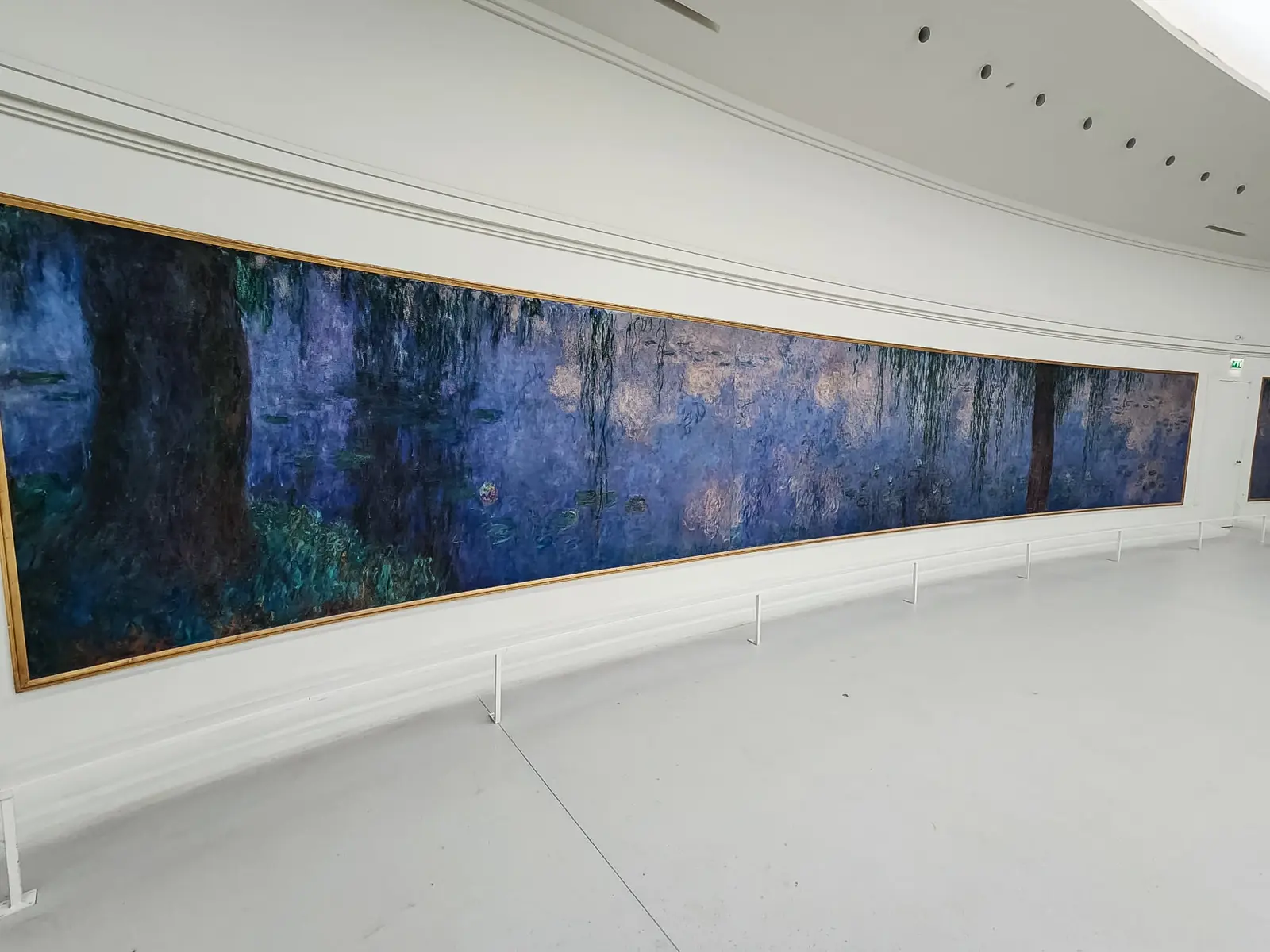 One of Monet’s Water Lilies panels curving round the wall of an oval room at the Musée de l’Orangerie in Paris, in a plain gold frame