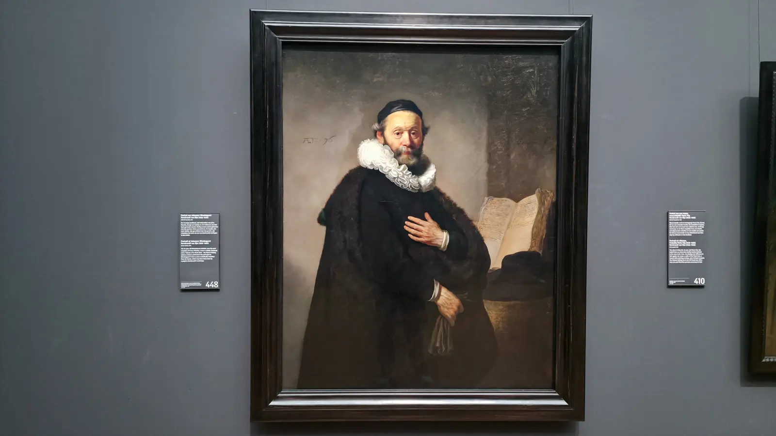 Rembrandt’s portrait of Johannes Wtenbogaert at the Rijksmuseum, an elderly man in black with a white ruff, one hand at his chest