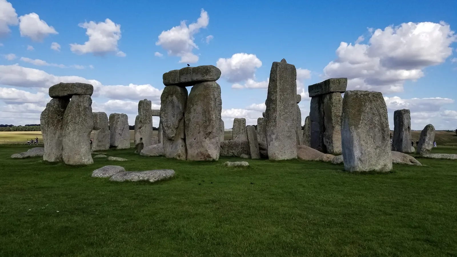 The stone circle at Stonehenge on Salisbury Plain, with a crow perched on one of the lintels, about two hours west of London