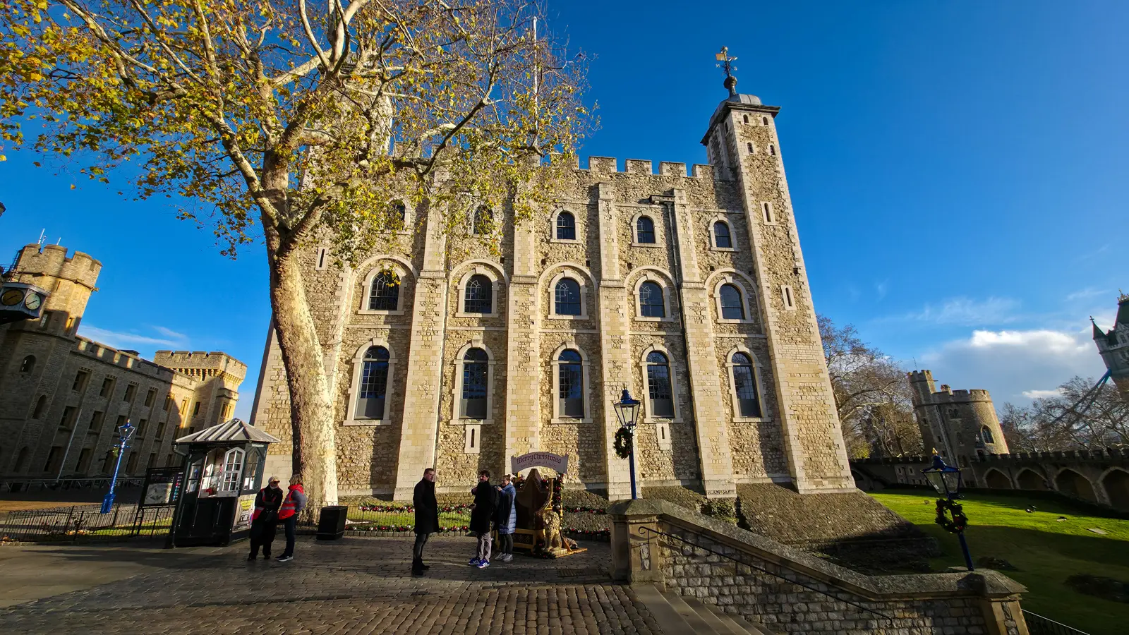 The White Tower at the heart of the Tower of London, the Norman keep that gave the whole castle its name, on a bright winter day