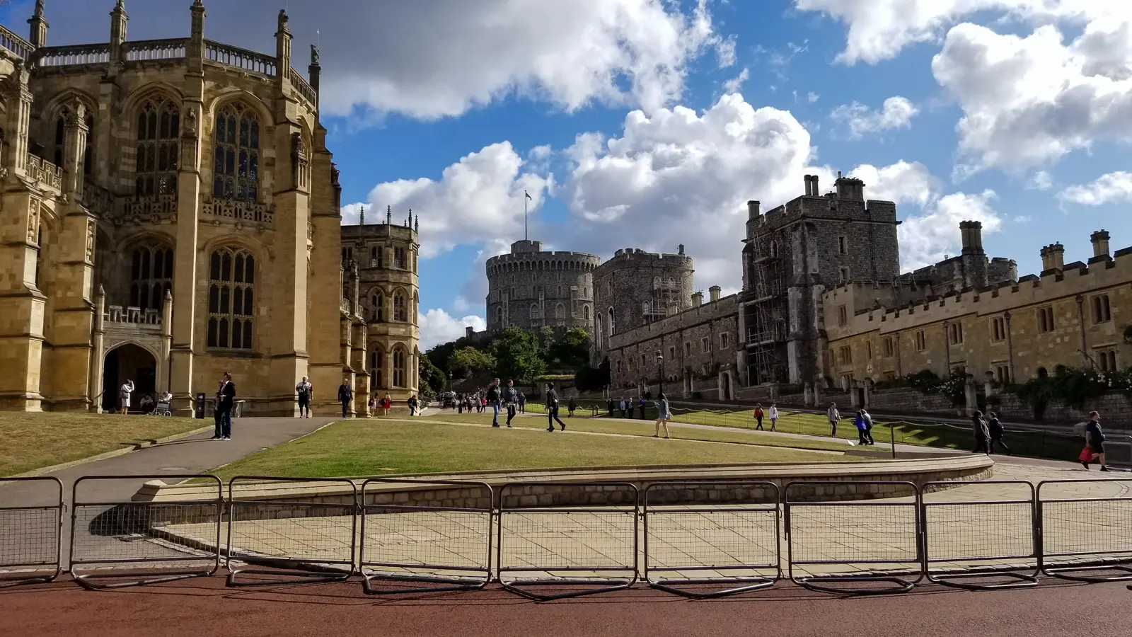 St George’s Chapel and the Round Tower at Windsor Castle, seen across the Lower Ward on a sunny day, about half an hour from London