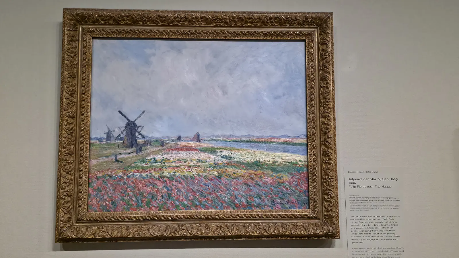 Claude Monet's Tulip Fields near The Hague (1886) at the Van Gogh Museum, windmills beside bands of red, white and yellow flowers under a hazy sky