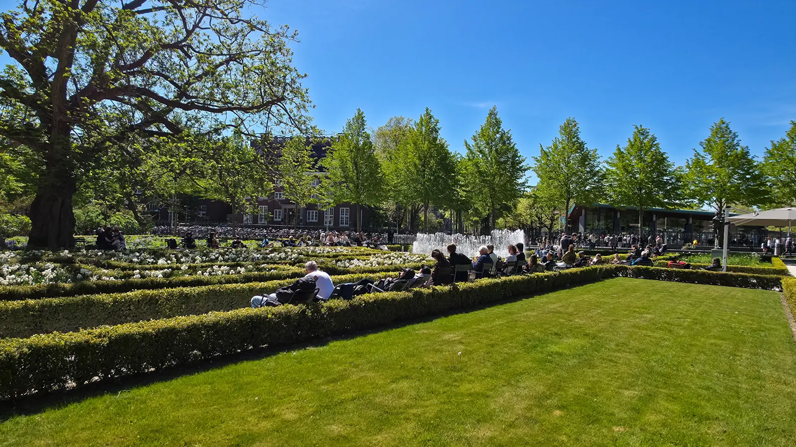 Beds of white flowers and low hedges with people seated in the sun, a fountain and an avenue of trees beyond, Rijksmuseum gardens