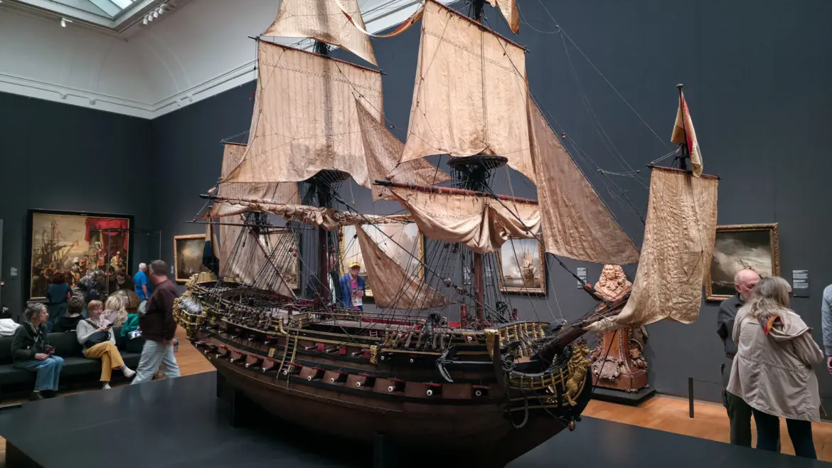 Model of the William Rex, 1698: a seventy-four-gun warship model under the gallery skylight, Rijksmuseum, Amsterdam