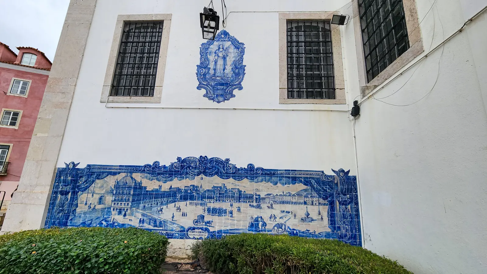 Blue and white azulejo panels on the wall of the Santa Luzia church, Miradouro de Santa Luzia, Alfama, Lisbon