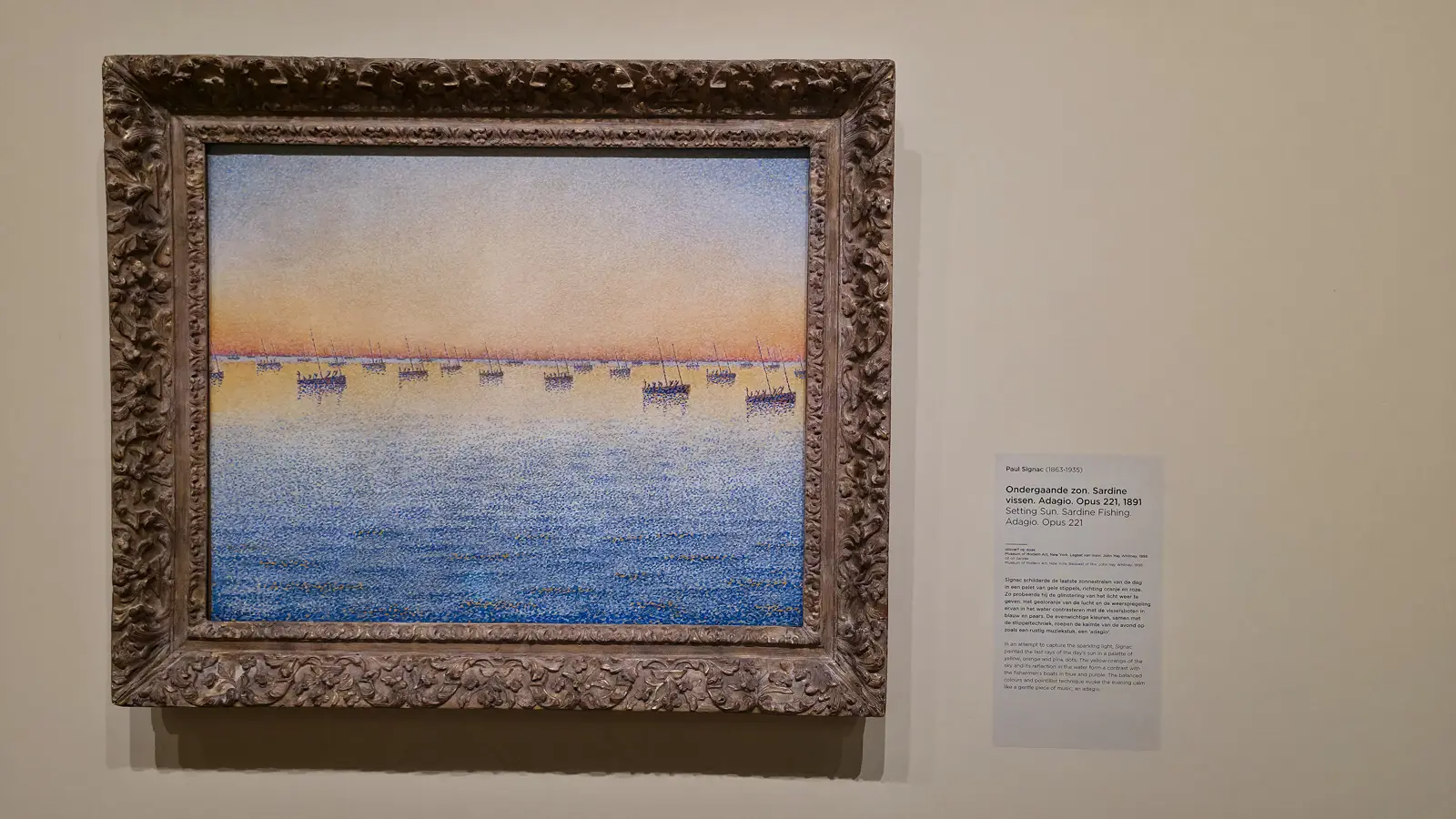 Paul Signac's Setting Sun. Sardine Fishing. Adagio. Opus 221 (1891), pointillist fishing boats on a sea of blue and yellow dots under a sunset, at the Van Gogh Museum