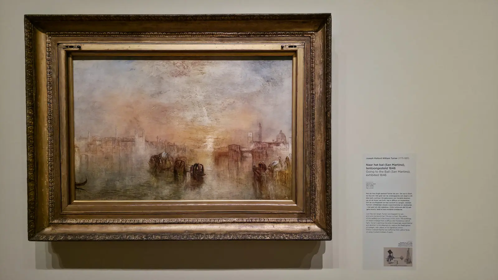J.M.W. Turner's Going to the Ball (San Martino), exhibited 1846, Venice fading into a hazy yellow sunset, in a gilt frame at the Van Gogh Museum