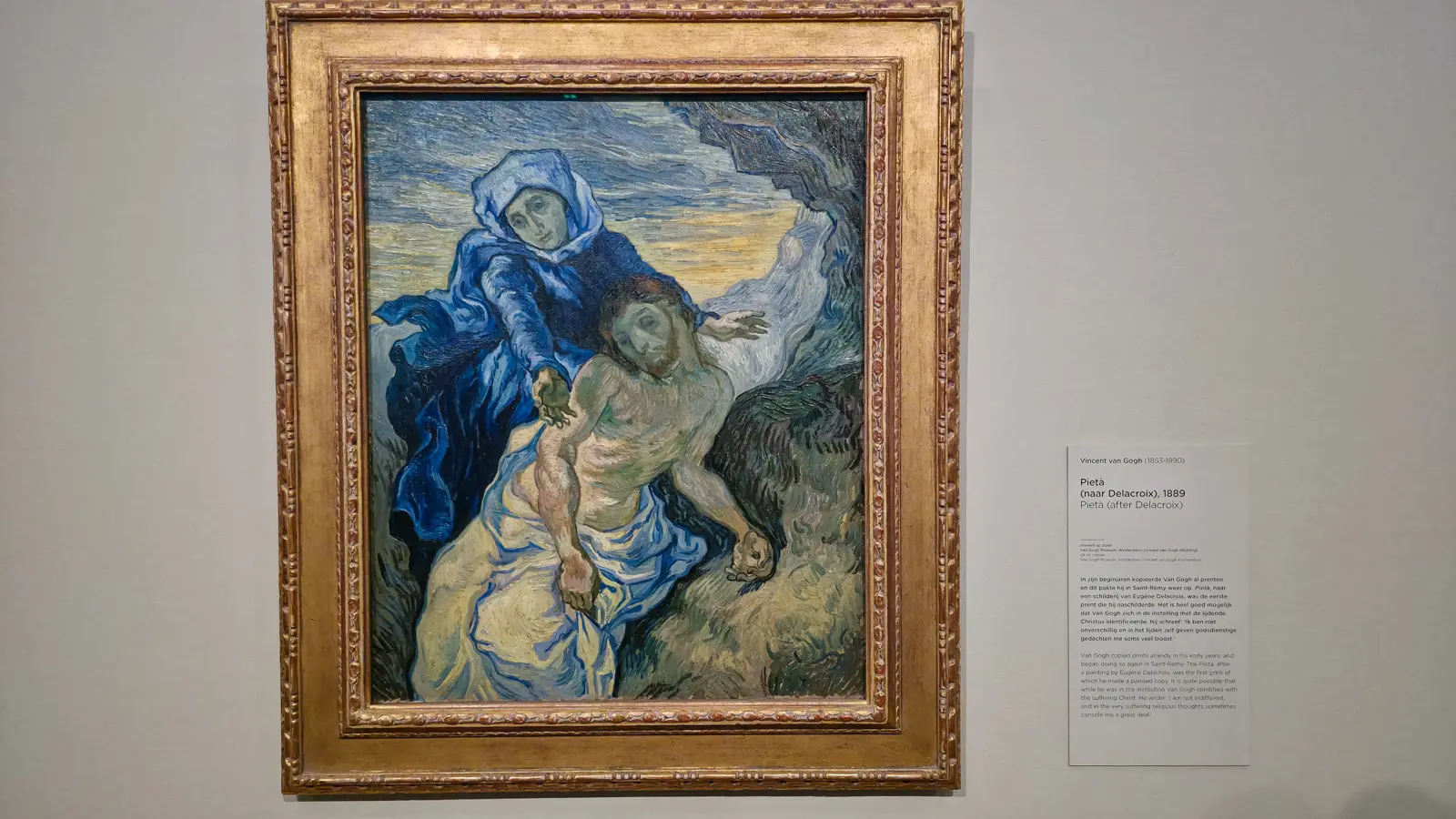 Pieta (after Delacroix), 1889, by Vincent van Gogh, the Virgin in blue holding the dead Christ, at the Van Gogh Museum, Amsterdam