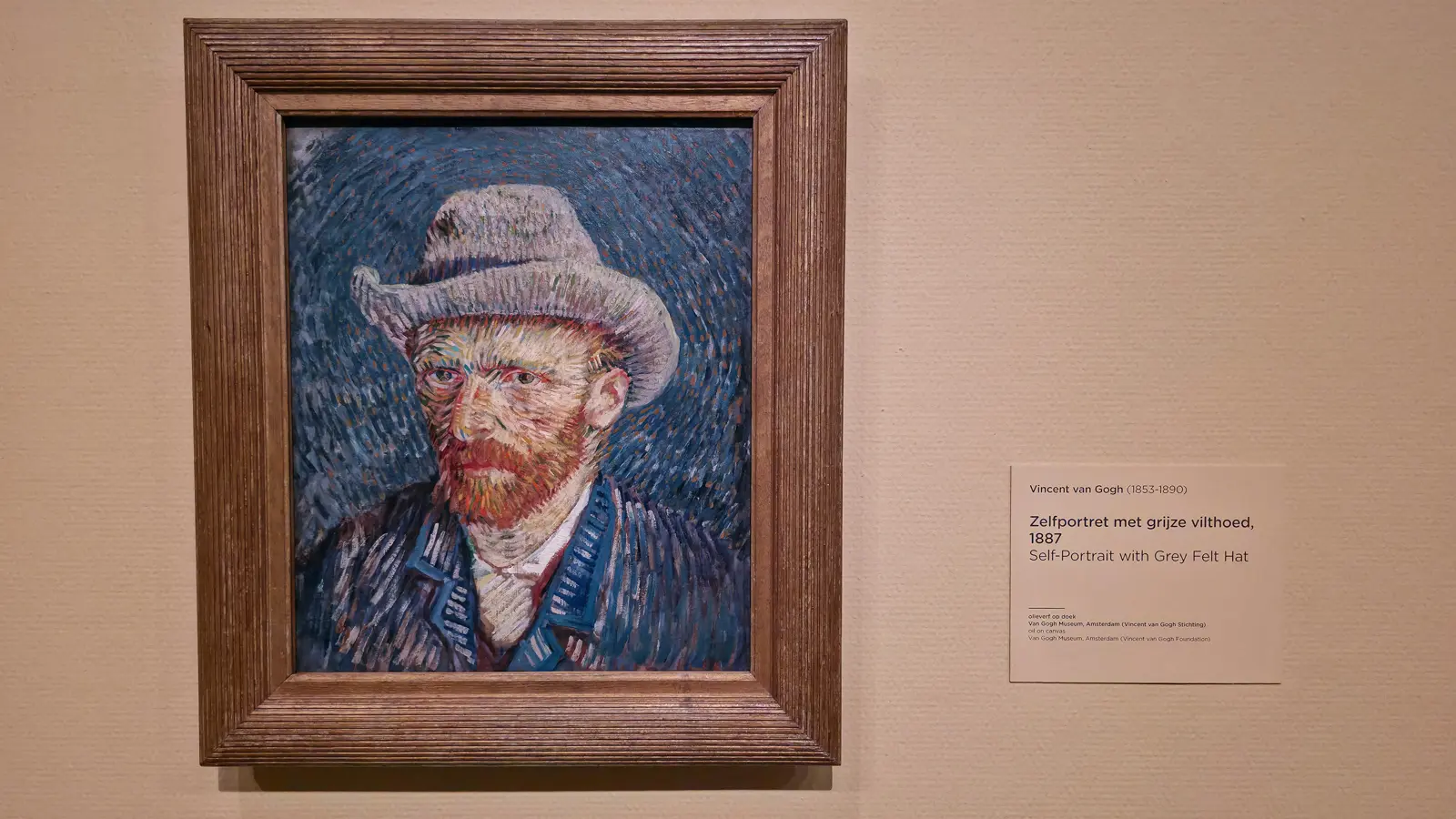 Self-Portrait with Grey Felt Hat, 1887, by Vincent van Gogh, in a ridged wooden frame at the Van Gogh Museum, Amsterdam