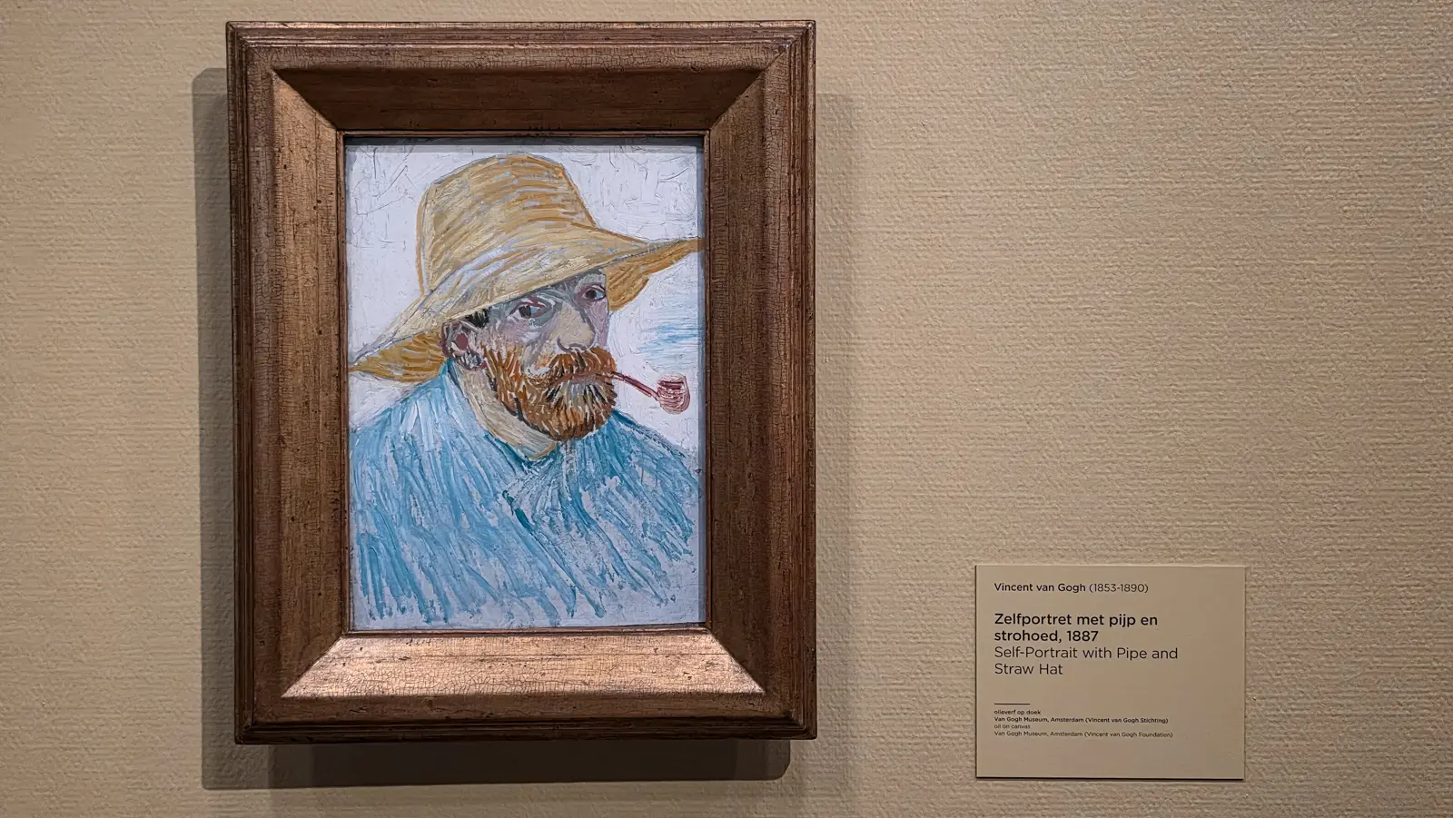 Self-Portrait with Pipe and Straw Hat, 1887, blue smock in long strokes with a straw hat and pipe, Van Gogh Museum, Amsterdam
