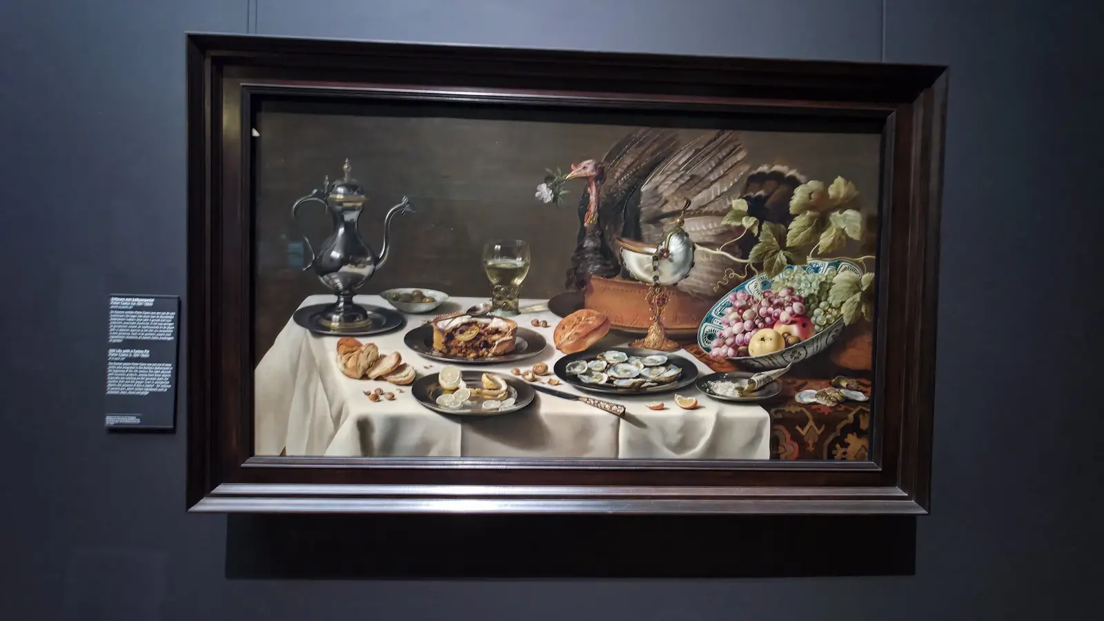 Pieter Claesz's Still Life with a Turkey Pie, oysters, a lemon, a nautilus cup and a silver jug, Rijksmuseum Amsterdam