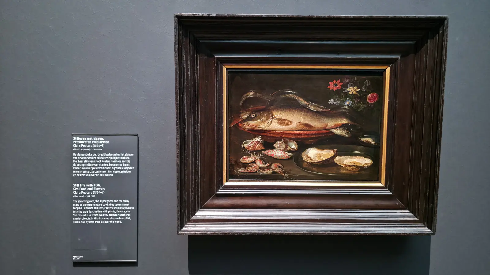 Clara Peeters' still life with a carp, an eel, prawns, shells and oysters on a stone ledge, Rijksmuseum Amsterdam