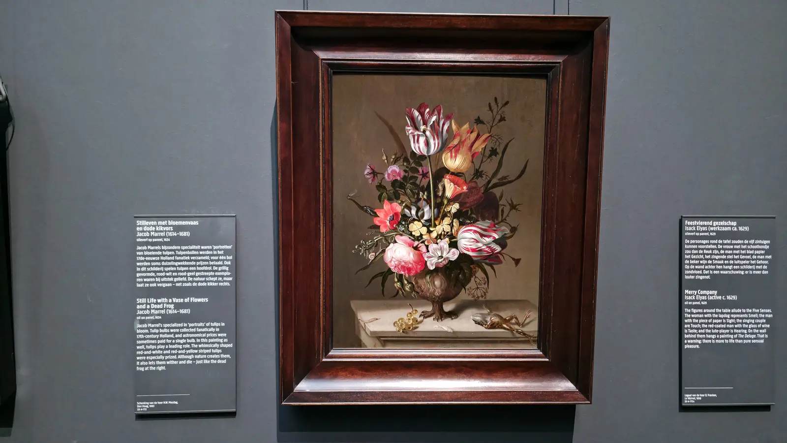 Jacob Marrel's tulips and roses in a footed vase, with a dead frog on its back at the right end of the ledge, Rijksmuseum Amsterdam
