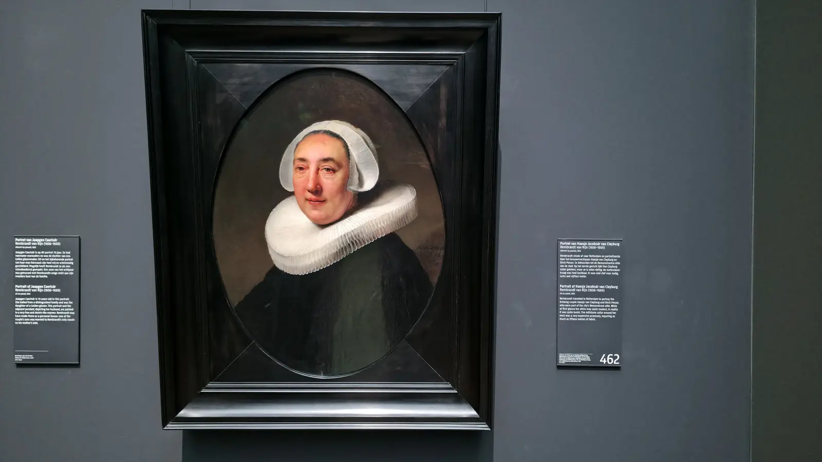 Rembrandt's Portrait of Haesje van Cleyburg, a woman in a white cap and wide pleated millstone ruff inside an oval frame, at the Rijksmuseum in Amsterdam