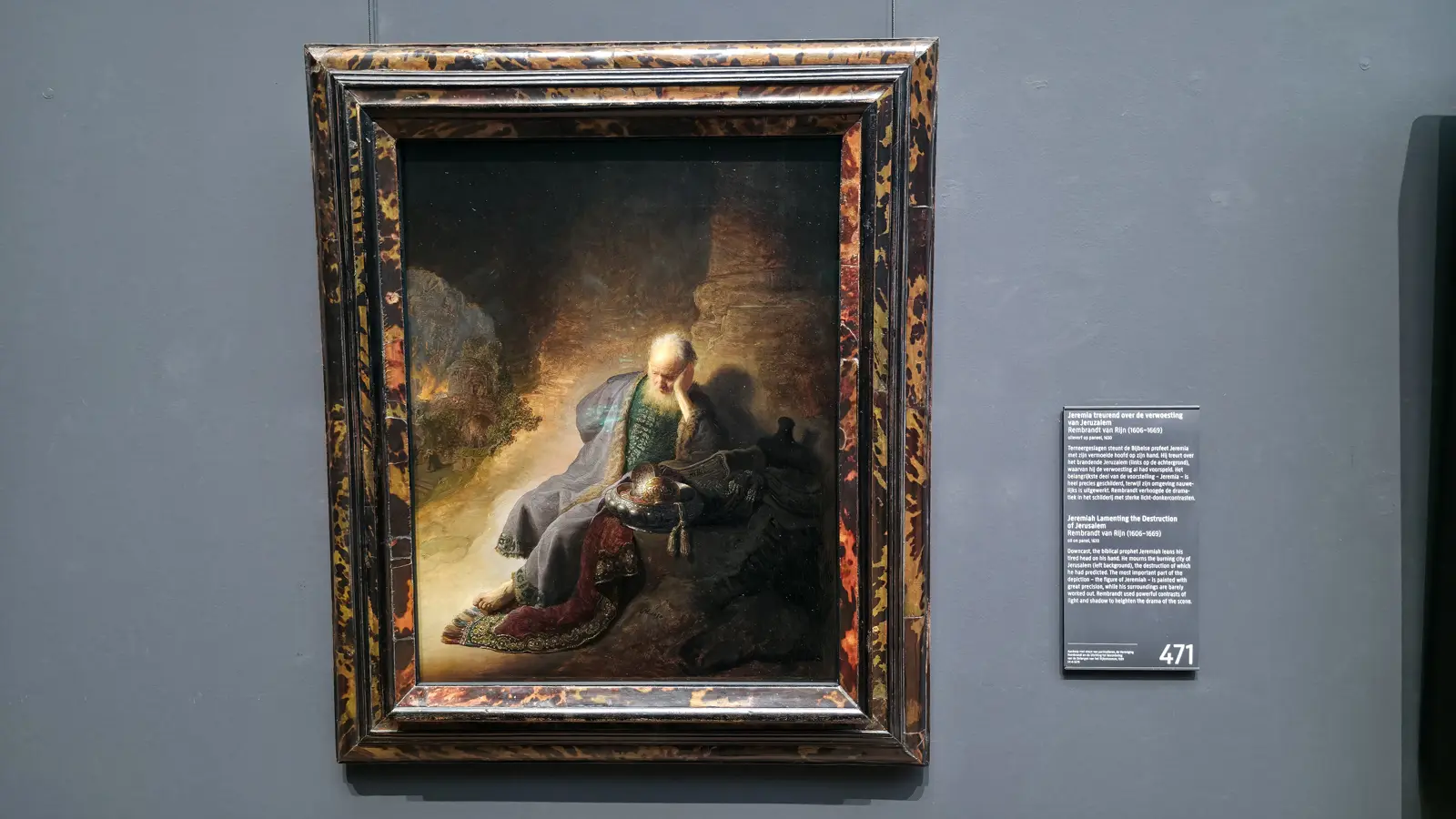 Rembrandt's Jeremiah Lamenting the Destruction of Jerusalem, a grey-bearded prophet resting his head on his hand, at the Rijksmuseum in Amsterdam