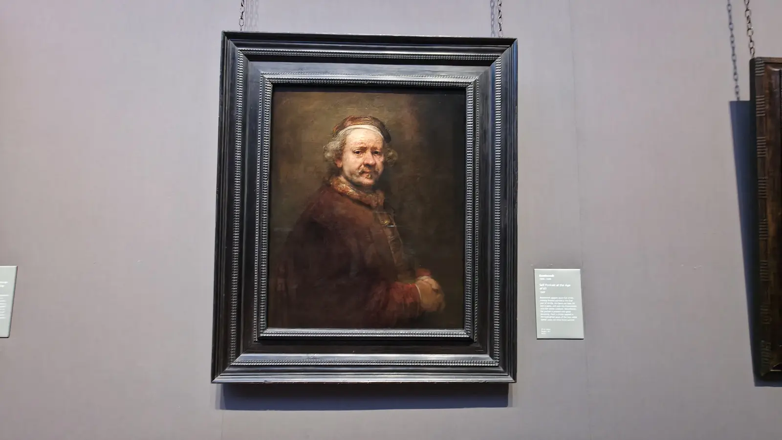 Rembrandt's Self Portrait at the Age of 63, 1669, the painter with clasped hands and a soft cap, National Gallery, London