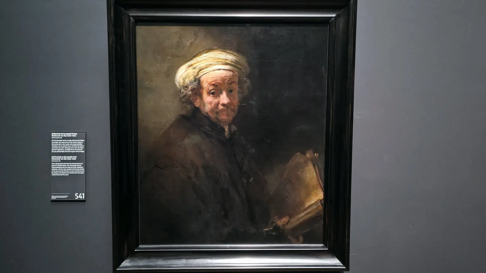 Rembrandt's Self Portrait as the Apostle Paul at the Rijksmuseum, an older man in a turban holding a manuscript