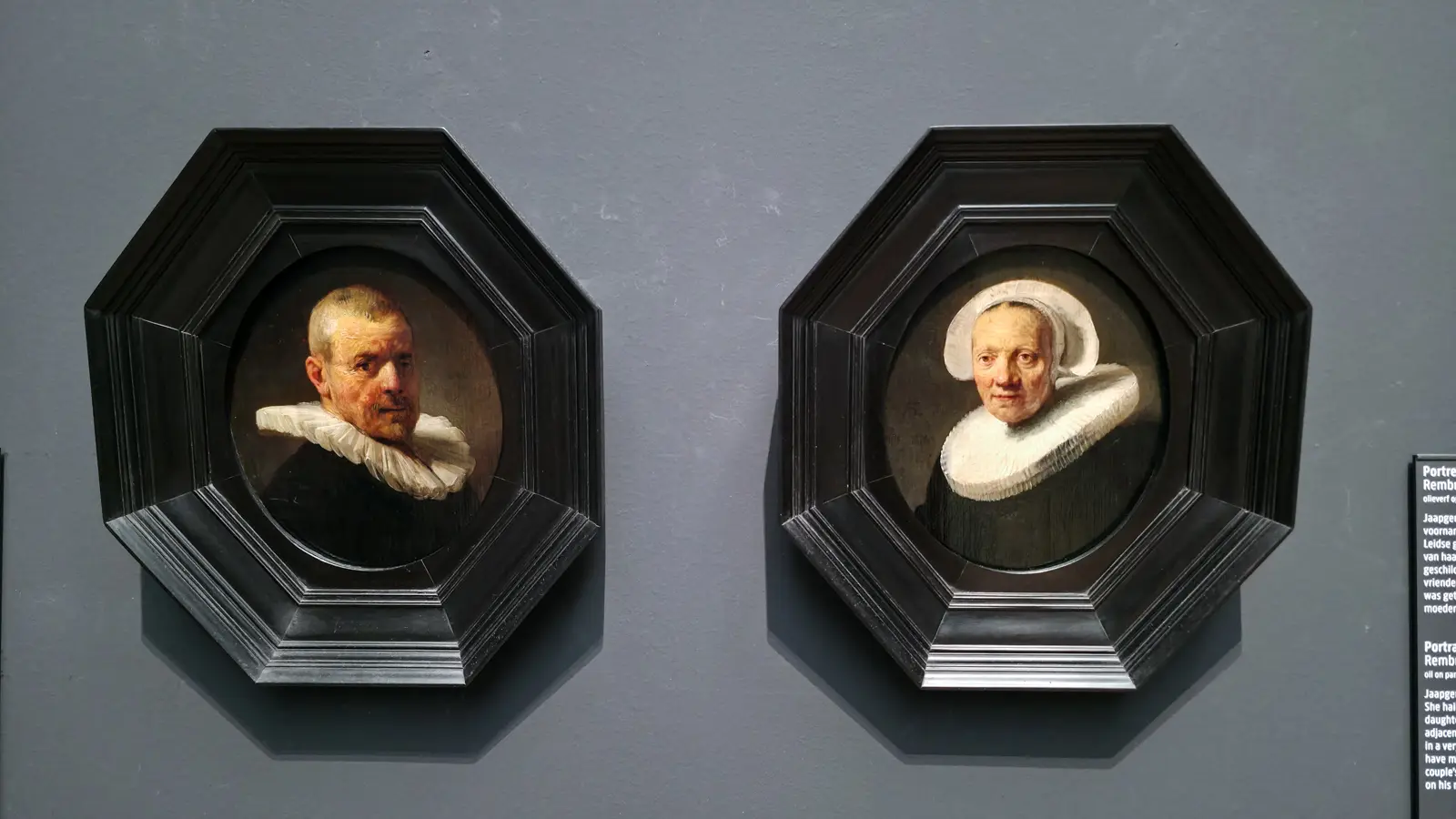 Rembrandt's two smallest portraits, Jan van der Pluym and Jaapgen Caerlsdr, side by side in black octagonal frames, at the Rijksmuseum in Amsterdam