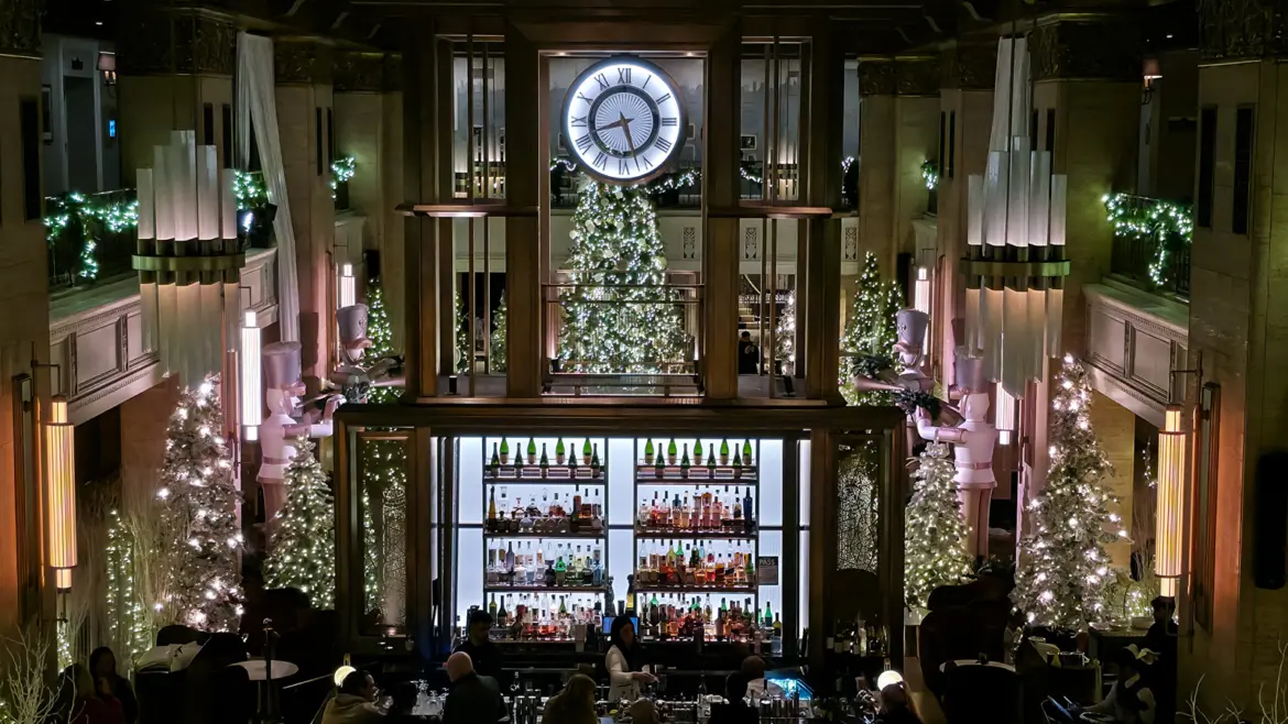 The Clockwork bar in the Fairmont Royal York lobby, Toronto, with its lit clock, nutcrackers and Christmas tree