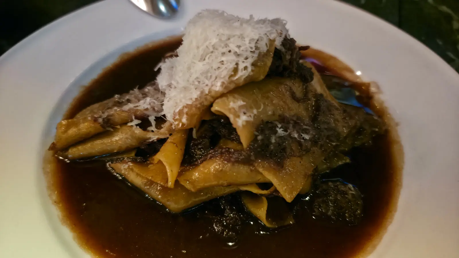 Wide ribbons of hand-crafted pasta with braised short rib, dark sauce and grated cheese at The Duchess, Amsterdam