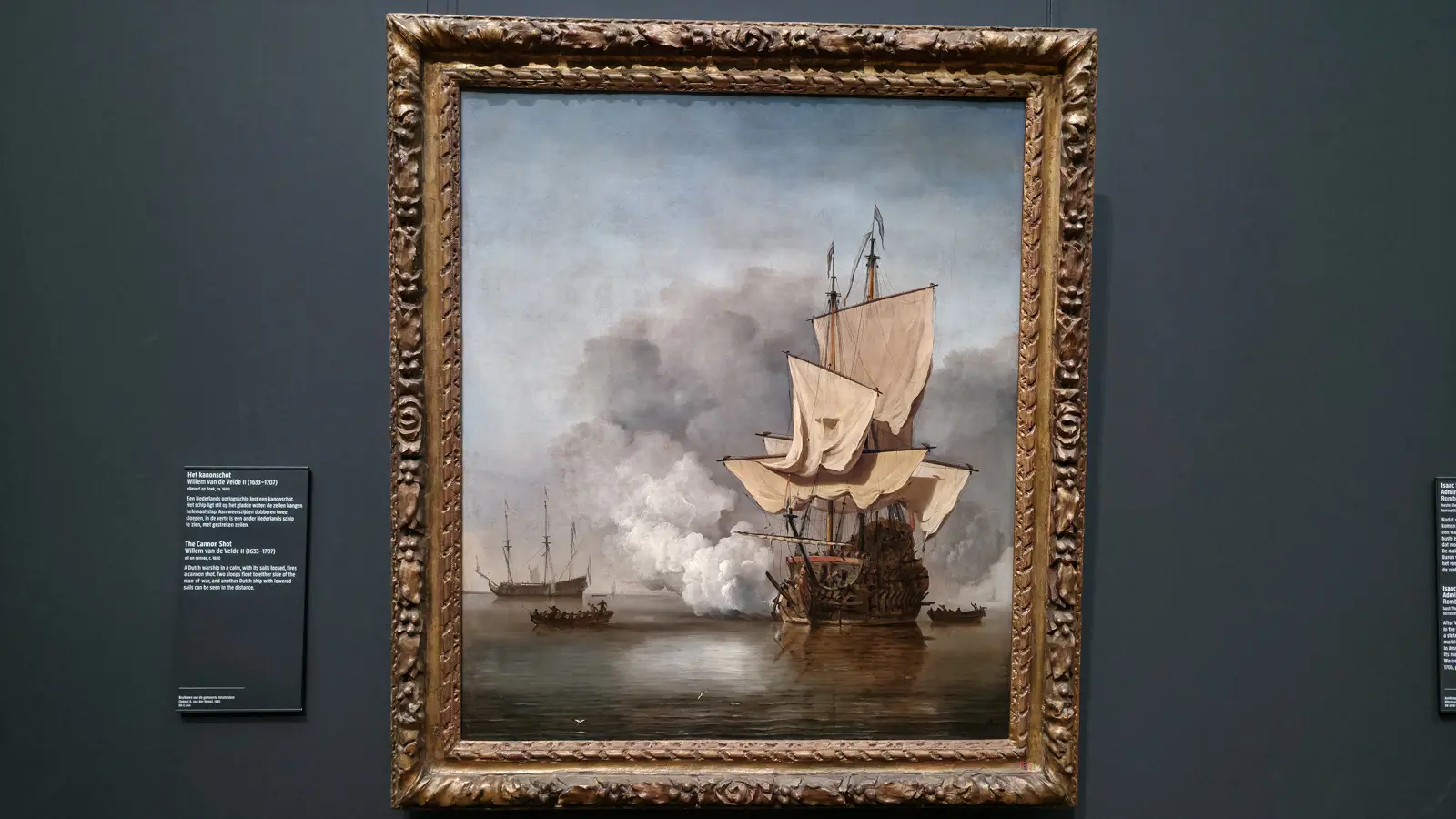 Willem van de Velde's The Cannon Shot, a Dutch warship firing a gun in a flat calm, smoke drifting over still water, Rijksmuseum