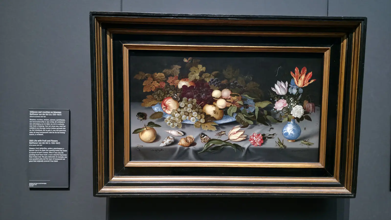 Balthasar van der Ast's fruit, flowers, shells and insects on a grey cloth, Rijksmuseum Amsterdam