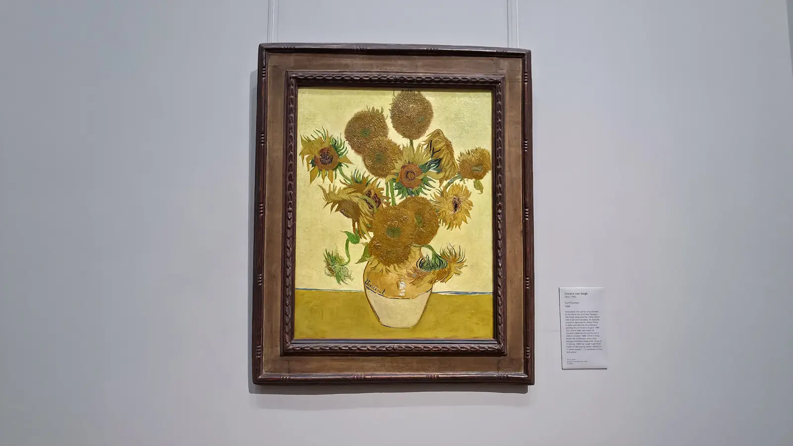 Van Gogh's Sunflowers at the National Gallery, London, a vase of sunflowers signed Vincent on a yellow ground
